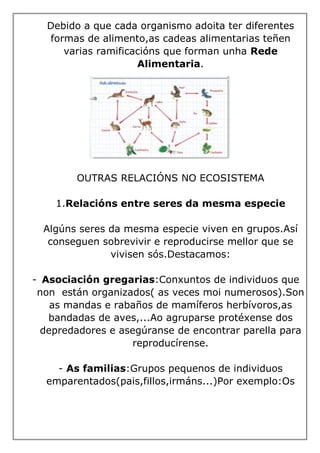 Debido a que cada organismo adoita ter diferentes
formas de alimento,as cadeas alimentarias teñen
varias ramificacións que forman unha Rede
Alimentaria.
OUTRAS RELACIÓNS NO ECOSISTEMA
1.Relacións entre seres da mesma especie
Algúns seres da mesma especie viven en grupos.Así
conseguen sobrevivir e reproducirse mellor que se
vivisen sós.Destacamos:
- Asociación gregarias:Conxuntos de individuos que
non están organizados( as veces moi numerosos).Son
as mandas e rabaños de mamíferos herbívoros,as
bandadas de aves,...Ao agruparse protéxense dos
depredadores e asegúranse de encontrar parella para
reproducírense.
- As familias:Grupos pequenos de individuos
emparentados(pais,fillos,irmáns...)Por exemplo:Os
 