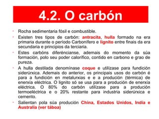 4.2. O carbón

Rocha sedimentaria fósil e combustible.

Existen tres tipos de carbón: antracita, hulla formado na era
primaria durante o período Carbonífero e lignito entre finais da era
secundaria e principios da terciaria.

Estes carbóns diferéncianse, ademais do momento da súa
formación, polo seu poder calorífico, contido en carbono e grao de
pureza.

A hulla destilada denomínase coque e utilízase para fundición
siderúrxica. Ademais do anterior, os principais usos do carbón é
para a fundición en metalurxias e e a produción (térmica) de
enerxía eléctrica. O lignito só se usa para a produción de enerxía
eléctrica. O 80% do carbón utilízase para a produción
termoeléctrica e o 20% restante para industria siderúrxica e
cemento.

Salientan pola súa produción China, Estados Unidos, India e
Australia (ver táboa)
 