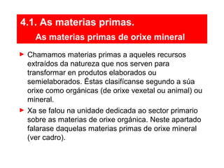 4.1. As materias primas.
As materias primas de orixe mineral
► Chamamos materias primas a aqueles recursos
extraídos da natureza que nos serven para
transformar en produtos elaborados ou
semielaborados. Éstas clasifícanse segundo a súa
orixe como orgánicas (de orixe vexetal ou animal) ou
mineral.
► Xa se falou na unidade dedicada ao sector primario
sobre as materias de orixe orgánica. Neste apartado
falarase daquelas materias primas de orixe mineral
(ver cadro).
 