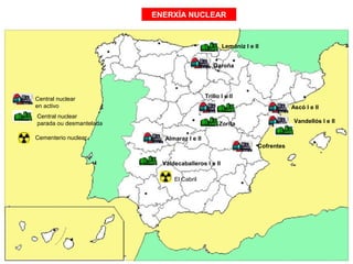 Central nuclear
en activo
Central nuclear
parada ou desmantelada
Almaraz I e II
Valdecaballeros I e II
Lemóniz I e II
Garoña
Zorita
Trillo I e II
Cofrentes
Ascó I e II
Vandellós I e II
Cementerio nuclear
El Cabril
ENERXÍA NUCLEAR
 