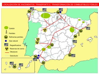 Petróleo
Carbón
Refinerías petróleo
Gas natural
Reservas de uranio
Oleoducto
Gasoducto
LOCALIZACIÓN DE XACEMENTOS, TRANSPORTE E TRANSFORMACIÓN DE COMBUSTIBLES FÓSILES
Regasificadora
 