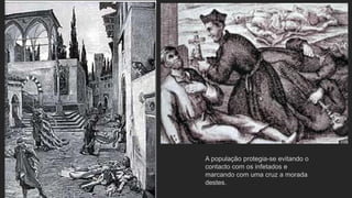 A população protegia-se evitando o
contacto com os infetados e
marcando com uma cruz a morada
destes.
 