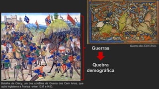 Guerra dos Cem Anos
Batalha de Crécy, um dos conflitos da Guerra dos Cem Anos, que
opôs Inglaterra a França entre 1337 e1453.
Guerras
Quebra
demográfica
 