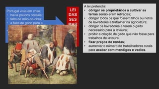 LEI
DAS
SES
MAR
IAS
A lei pretendia:
• obrigar os proprietários a cultivar as
terras senão eram retiradas;
• obrigar todos os que fossem filhos ou netos
de lavradores a trabalhar na agricultura;
• obrigar os lavradores a terem o gado
necessário para a lavoura;
• proibir a criação de gado que não fosse para
trabalhos de lavoura;
• fixar preços de rendas;
• aumentar o número de trabalhadores rurais
para acabar com mendigos e vadios.
Portugal vivia em crise:
• havia poucos cereais;
• falta de mão-de-obra;
• a falta de gado para a
lavoura;
• as rendas pedidas
pelos donos da terra
eram elevadas.
 