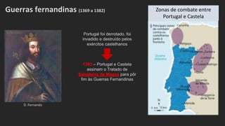 D. Fernando
Guerras fernandinas (1369 a 1382)
Portugal foi derrotado, foi
invadido e destruído pelos
exércitos castelhanos
1383 – Portugal e Castela
assinam o Tratado de
Salvaterra de Magos para pôr
fim às Guerras Fernandinas
Zonas de combate entre
Portugal e Castela
 