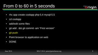 June 2014 SELF 2014 | peter@peterlarsen.org 7
RHEL
Red Hat Enterprise Linux
Node
Public / Hybrid / Private / Virtualization / Bare Metal
DEVELOPER
USER
GIT/SSH
cron
logs
sshd
HTTP/S
MY GEAR
Broker (RHEL)
Node (RHEL)
Node (RHEL)
REST
Web Console
Eclipse IDE
Cmd Line
SELinux
GEAR
jenkins
Maven
CGroups
OpenShift ArchitectureOpenShift Architecture
MyApp
Code
Git
Repo
php
Jenkins
MySQL
 