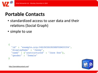 VZnet	
  Netzwerke	
  Ltd.	
  -­‐	
  Monday,	
  December	
  6,	
  2010




Portable	
  Contacts
 • standardized	
  access	
  to	
  user	
  data	
  and	
  their	
  
   relaLons	
  (Social	
  Graph)
 • simple	
  to	
  use


 {
     "id" : "example.org:34KJDCSKJN2HHF0DW20394",
     "displayName" : "Janey",
     "name" : {"unstructured" : "Jane Doe"},
     "gender" : "female"
 }


  hUp://portablecontacts.net/
 