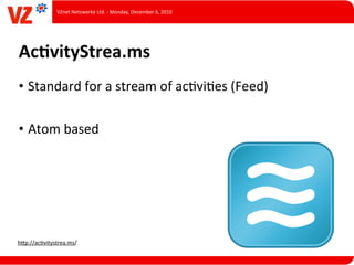 VZnet	
  Netzwerke	
  Ltd.	
  -­‐	
  Monday,	
  December	
  6,	
  2010




AcQvityStrea.ms
• Standard	
  for	
  a	
  stream	
  of	
  acLviLes	
  (Feed)

• Atom	
  based




hUp://acLvitystrea.ms/
 