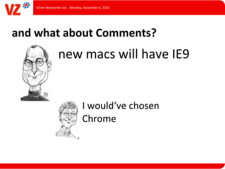 VZnet	
  Netzwerke	
  Ltd.	
  -­‐	
  Monday,	
  December	
  6,	
  2010




and	
  what	
  about	
  Comments?
                          new	
  macs	
  will	
  have	
  IE9


                                                 I	
  would‘ve	
  chosen
                                                 Chrome
 