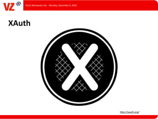 VZnet	
  Netzwerke	
  Ltd.	
  -­‐	
  Monday,	
  December	
  6,	
  2010




XAuth




                                                                            hUp://xauth.org/
 