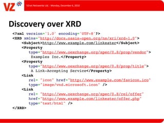 VZnet	
  Netzwerke	
  Ltd.	
  -­‐	
  Monday,	
  December	
  6,	
  2010




Discovery	
  over	
  XRD
 <?xml version='1.0' encoding='UTF-8'?>
 <XRD xmlns="http://docs.oasis-open.org/ns/xri/xrd-1.0">
     <Subject>http://www.example.com/linkeater</Subject>
     <Property
        type="http://www.oexchange.org/spec/0.8/prop/vendor">
         Examples Inc.</Property>
     <Property
        type="http://www.oexchange.org/spec/0.8/prop/title">
         A Link-Accepting Service</Property>
     <Link
        rel= "icon" href="http://www.example.com/favicon.ico"
        type="image/vnd.microsoft.icon" />
     <Link
        rel= "http://www.oexchange.org/spec/0.8/rel/offer"
        href="http://www.example.com/linkeater/offer.php"
        type="text/html" />
 </XRD>
 