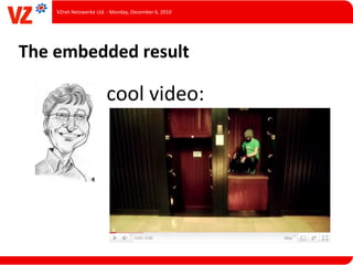VZnet	
  Netzwerke	
  Ltd.	
  -­‐	
  Monday,	
  December	
  6,	
  2010




The	
  embedded	
  result

                                   cool	
  video:
 