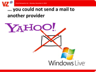 VZnet	
  Netzwerke	
  Ltd.	
  -­‐	
  Monday,	
  December	
  6,	
  2010



...	
  you	
  could	
  not	
  send	
  a	
  mail	
  to	
  
another	
  provider
 