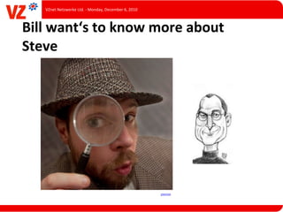 VZnet	
  Netzwerke	
  Ltd.	
  -­‐	
  Monday,	
  December	
  6,	
  2010



Bill	
  want‘s	
  to	
  know	
  more	
  about	
  
Steve




                                                                              paurian
 