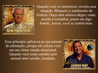 Quando você se entristecer, reverta essa situação. Bloqueie o sentimento de tristeza. Ouça uma música alegre, cante, assista a comédias, pense em algo bonito. Assim, você se sentirá bem. Esse princípio aplica-se ao seu animal de estimação, porque ele coloca você em um ótimo estado emocional. Quando você sente carinho pelo animal atrai carinho, bondade. Empresário e filósofo 