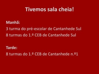 Tivemos sala cheia!
Manhã:
3 turma do pré-escolar de Cantanhede Sul
8 turmas do 1.º CEB de Cantanhede Sul
Tarde:
8 turmas do 1.º CEB de Cantanhede n.º1
 