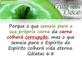 ICNV | Vila - Pastor Weber




     Porque o que semeia para a
     sua própria carne da carne
    colherá corrupção; mas o que
      semeia para o Espírito do
     Espírito colherá vida eterna.
              Gálatas 6:8
 