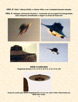 VRIL 8 “Odin” (Março1945), o último VRIL a ser verdadeiramente testado.

VRIL 9 “Abjager (Universal Hunter)”, mostrado só em papel! Foi fotografado
           uma máquina semelhante a seguir ao final da Guerra!!!




                             BMW FLUGELRAD
             Flugelrad Series: I V-1 e V-2, II V-1, V-2 e V-3, III




  Possível construção BMW Flugelrad II V-2 em voo, Abril 1945. Motorizado por
                              BMW 003 Turbo.
                                      14
 