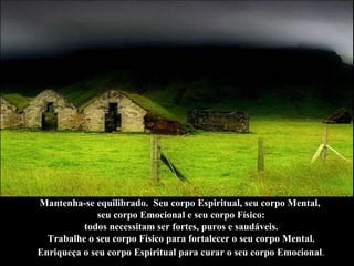 Mantenha-se equilibrado.  Seu corpo Espiritual, seu corpo Mental,  seu corpo Emocional e seu corpo Físico: todos necessitam ser fortes, puros e saudáveis.  Trabalhe o seu corpo Físico para fortalecer o seu corpo Mental. Enriqueça o seu corpo Espiritual para curar o seu corpo Emocional .   