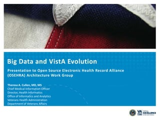 Big Data and VistA Evolution
Presentation to Open Source Electronic Health Record Alliance
(OSEHRA) Architecture Work Group
Theresa A. Cullen, MD, MS
Chief Medical Information Officer
Director, Health Informatics
Office of Informatics and Analytics
Veterans Health Administration
Department of Veterans Affairs
 
