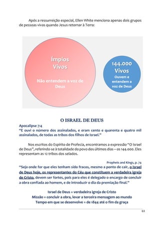 63
Após a ressurreição especial, Ellen White menciona apenas dois grupos
de pessoas vivas quando Jesus retornar à Terra:
O ISRAEL DE DEUS
Apocalipse 7:4
“E ouvi o número dos assinalados, e eram cento e quarenta e quatro mil
assinalados, de todas as tribos dos filhos de Israel.”
Nos escritos do Espírito de Profecia, encontramos a expressão “O Israel
de Deus”, referindo-se à totalidade do povo dos últimos dias – os 144.000. Eles
representam as 12 tribos dos selados.
Prophets and Kings, p. 74
“Seja onde for que eles tenham sido fracos, mesmo a ponto de cair, o Israel
de Deus hoje, os representantes do Céu que constituem a verdadeira igreja
de Cristo, devem ser fortes, pois para eles é delegado o encargo de concluir
a obra confiada ao homem, e de introduzir o dia da premiação final.”
Israel de Deus = verdadeira igreja de Cristo
Missão = concluir a obra, levar a terceira mensagem ao mundo
Tempo em que se desenvolve = de 1844 até o fim da graça
 