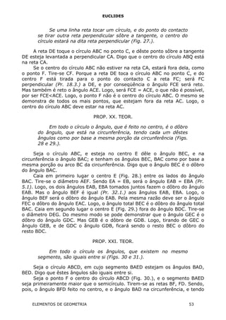 EUCLIDES
Se uma linha reta tocar um círculo, e do ponto do contacto
se tirar outra reta perpendicular sôbre a tangente, o centro do
círculo estará na dita reta perpendicular (Fig. 27.).
A reta DE toque o círculo ABC no ponto C, e dêste ponto sôbre a tangente
DE esteja levantada a perpendicular CA. Digo que o centro do círculo ABQ está
na reta CA.
Se o centro do círculo ABC não estiver na reta CA, estará fora dela, como
o ponto F. Tire-se CF. Porque a reta DE toca o círculo ABC no ponto C, e do
centro F está tirada para o ponto do contacto C a reta FC; será FC
perpendicular (Pr. 18.3.) a DE, e por conseqüência o ângulo FCE será reto.
Mas também é reto o ângulo ACE. Logo, será FCE = ACE, o que não é possível,
por ser FCE<ACE. Logo, o ponto F não é o centro do círculo ABC. O mesmo se
demonstra de todos os mais pontos, que estejam fora da reta AC. Logo, o
centro do círculo ABC deve estar na reta AC.
PROP. XX. TEOR.
Em todo o círculo o ângulo, que é feito no centro, é o dôbro
do ângulo, que está na circunferência, tendo cada um dêstes
ângulos como por base a mesma porção da circunferência (Figs.
28 e 29.).
Seja o círculo ABC, e esteja no centro E dêle o ângulo BEC, e na
circunferência o ângulo BAC; e tenham os ângulos BEC, BAC como por base a
mesma porção ou arco BC da circunferência. Digo que o ângulo BEC é o dôbro
do ângulo BAC.
Caia em primeiro lugar o centro E (Fig. 28.) entre os lados do ângulo
BAC. Tire-se o diâmetro AEF. Sendo EA = EB, será o ângulo EAB = EBA (Pr.
5.1). Logo, os dois ângulos EAB, EBA tomados juntos fazem o dôbro do ângulo
EAB. Mas o ângulo BEF é igual (Pr. 32.1.) aos ângulos EAB, EBA. Logo, o
ângulo BEF será o dôbro do ângulo EAB. Pela mesma razão deve ser o ângulo
FEC o dôbro do ângulo EAC. Logo, o ângulo total BEC é o dôbro do ângulo total
BAC. Caia em segundo lugar o centro E (Fig. 29.) fora do ângulo BDC. Tire-se
o diâmetro DEG. Do mesmo modo se pode demonstrar que o ângulo GEC é o
dôbro do ângulo GDC. Mas GEB é o dôbro de GDB. Logo, tirando de GEC o
ângulo GEB, e de GDC o ângulo GDB, ficará sendo o resto BEC o dôbro do
resto BDC.
PROP. XXI. TEOR.
Em todo o círculo os ângulos, que existem no mesmo
segmento, são iguais entre si (Figs. 30 e 31.).
Seja o círculo ABCD, em cujo segmento BAED estejam os ângulos BAD,
BED. Digo que êstes ângulos são iguais entre si.
Seja o ponto F o centro do círculo ABCD (Fig. 30.), e o segmento BAED
seja primeiramente maior que o semicírculo. Tirem-se as retas BF, FD. Sendo,
pois, o ângulo BFD feito no centro, e o ângulo BAD na circunferência, e tendo
ELEMENTOS DE GEOMETRIA 53
 