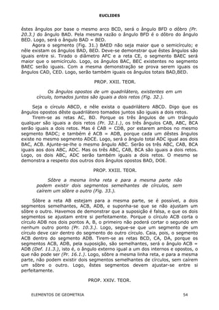 EUCLIDES
êstes ângulos por base o mesmo arco BCD, será o ângulo BFD o dôbro (Pr.
20.3.) do ângulo BAD. Pela mesma razão o ângulo BFD é o dôbro do ângulo
BED. Logo, será o ângulo BAD = BED.
Agora o segmento (Fig. 31.) BAED não seja maior que o semicírculo; e
nêle existam os ângulos BAD, BED. Deve-se demonstrar que êstes ângulos são
iguais entre si. Tirado o diâmetro AFC e a reta CE, o segmento BAEC será
maior que o semicírculo. Logo, os ângulos BAC, BEC existentes no segmento
BAEC serão iguais. Com a mesma demonstração se prova serem iguais os
ângulos CAD, CED. Logo, serão também iguais os ângulos totais BAD,BED.
PROP. XXII. TEOR.
Os ângulos opostos de um quadrilátero, existentes em um
círculo, tomados juntos são iguais a dois retos (Fig. 32.).
Seja o círculo ABCD, e nêle exista o quadrilátero ABCD. Digo que os
ângulos opostos dêste quadrilátero tomados juntos são iguais a dois retos.
Tirem-se as retas AC, BD. Porque os três ângulos de um triângulo
qualquer são iguais a dois retos (Pr. 32.1.), os três ângulos CAB, ABC, BCA
serão iguais a dois retos. Mas é CAB = CDB, por estarem ambos no mesmo
segmento BADC; e também é ACB = ADB, porque cada um dêstes ângulos
existe no mesmo segmento ADCE. Logo, será o ângulo total ADC igual aos dois
BAC, ACB. Ajunte-se-lhe o mesmo ângulo ABC. Serão os três ABC, CAB, BCA
iguais aos dois ABC, ADC. Mas os três ABC, CAB, BCA são iguais a dois retos.
Logo, os dois ABC, ADC serão também iguais a dois retos. O mesmo se
demonstra a respeito dos outros dois ângulos opostos BAD, DOE.
PROP. XXIII. TEOR.
Sôbre a mesma linha reta e para a mesma parte não
podem existir dois segmentos semelhantes de círculos, sem
caírem um sôbre o outro (Fig. 33.).
Sôbre a reta AB estejam para a mesma parte, se é possível, a dois
segmentos semelhantes, ACB, ADB, e suponha-se que se não ajustam um
sôbre o outro. Havemos de demonstrar que a suposição é falsa, e que os dois
segmentos se ajustam entre si perfeitamente. Porque o círculo ACB corta o
círculo ADB nos dois pontos A, B, o primeiro não poderá cortar o segundo em
nenhum outro ponto (Pr. 10.3.). Logo, segue-se que um segmento de um
círculo deve cair dentro do segmento do outro círculo. Caia, pois, o segmento
ACB dentro do segmento ADB. Tirem-se as retas BCD, CA, DA, porque os
segmentos ACB, ADB, pela suposição, são semelhantes, será o ângulo ACB =
ADB (Def. 11.3.), isto é, o ângulo externo igual a um dos internos e opostos, o
que não pode ser (Pr. 16.1.). Logo, sôbre a mesma linha reta, e para a mesma
parte, não podem existir dois segmentos semelhantes de círculos, sem caírem
um sôbre o outro. Logo, êstes segmentos devem ajustar-se entre si
perfeitamente.
PROP. XXIV. TEOR.
ELEMENTOS DE GEOMETRIA 54
 