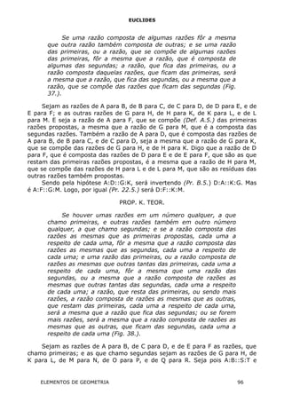 EUCLIDES
Se uma razão composta de algumas razões fôr a mesma
que outra razão também composta de outras; e se uma razão
das primeiras, ou a razão, que se compõe de algumas razões
das primeiras, fôr a mesma que a razão, que é composta de
algumas das segundas; a razão, que fica das primeiras, ou a
razão composta daquelas razões, que ficam das primeiras, será
a mesma que a razão, que fica das segundas, ou a mesma que a
razão, que se compõe das razões que ficam das segundas (Fig.
37.).
Sejam as razões de A para B, de B para C, de C para D, de D para E, e de
E para F; e as outras razões de G para H, de H para K, de K para L, e de L
para M. E seja a razão de A para F, que se compõe (Def. A.5.) das primeiras
razões propostas, a mesma que a razão de G para M, que é a composta das
segundas razões. Também a razão de A para D, que é composta das razões de
A para B, de B para C, e de C para D, seja a mesma que a razão de G para K,
que se compõe das razões de G para H, e de H para K. Digo que a razão de D
para F, que é composta das razões de D para E e de E para F, que são as que
restam das primeiras razões propostas, é a mesma que a razão de H para M,
que se compõe das razões de H para L e de L para M, que são as resíduas das
outras razões também propostas.
Sendo pela hipótese A:D::G:K, será invertendo (Pr. B.5.) D:A::K:G. Mas
é A:F::G:M. Logo, por igual (Pr. 22.5.) será D:F::K:M.
PROP. K. TEOR.
Se houver umas razões em um número qualquer, a que
chamo primeiras, e outras razões também em outro número
qualquer, a que chamo segundas; e se a razão composta das
razões as mesmas que as primeiras propostas, cada uma a
respeito de cada uma, fôr a mesma que a razão composta das
razões as mesmas que as segundas, cada uma a respeito de
cada uma; e uma razão das primeiras, ou a razão composta de
razões as mesmas que outras tantas das primeiras, cada uma a
respeito de cada uma, fôr a mesma que uma razão das
segundas, ou a mesma que a razão composta de razões as
mesmas que outras tantas das segundas, cada uma a respeito
de cada uma; a razão, que resta das primeiras, ou sendo mais
razões, a razão composta de razões as mesmas que as outras,
que restam das primeiras, cada uma a respeito de cada uma,
será a mesma que a razão que fica das segundas; ou se forem
mais razões, será a mesma que a razão composta de razões as
mesmas que as outras, que ficam das segundas, cada uma a
respeito de cada uma (Fig. 38.).
Sejam as razões de A para B, de C para D, e de E para F as razões, que
chamo primeiras; e as que chamo segundas sejam as razões de G para H, de
K para L, de M para N, de O para P, e de Q para R. Seja pois A:B::S:T e
ELEMENTOS DE GEOMETRIA 96
 