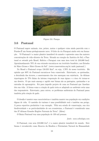 Figura 3.6: Pampa.
3.6 Pantanal
O Pantanal sugere animais, rios, peixes, matas e qualquer coisa ainda parecida com o
Paraíso.É um bioma geologicamente novo. O leito do rio Paraguai ainda está em forma-
ção. “O Pantanal é a maior planície inundável do mundo e apresenta uma das maiores
concentrações de vida silvestre da Terra. Situado no coração da América do Sul, o Pan-
tanal se estende pelo Brasil, Bolívia e Paraguai com uma área total de 210,000 km2.
Aproximadamente 70% de sua extensão encontra-se em território brasileiro, nos Estados
de Mato Grosso e Mato Grosso do Sul”. (www.conservation.org.br/onde/pantanal/)
No Brasil o Pantanal ocupa 150.355 Km2
, ou seja, 1,76% do nosso território. Há
opinião que 80% do Pantanal encontra-se bem conservado. Entretanto, as queimadas,
a derrubada das árvores, o assoreamento dos rios ameaçam sua existência. As últimas
reportagens de TVs falam da intensa evaporação de suas águas e o risco de tornar-se
um deserto. O que mais ameaça e agride esse bioma são as pastagens, queimadas e as
entradas do agronegócio. Foi para impedir projeto de cana no Pantanal que Anselmo
deu sua vida. A forma como a criação de gado teria se adaptado ao ambiente seria uma
das responsáveis. Entretanto, para outros, os problemas ambientais do Pantanal passa
também pela criação de gado.
O desaﬁo é manter suas características e também manter sua população em condições
dignas de vida. O caminho do turismo é uma possibilidade real e também um perigo.
A pesca esportiva predatória é um exemplo. “Pelo seu estado de conservação, sua rica
biodiversidade e as particularidades de seu ecossistema, o Pantanal é considerado uma
das 37 últimas Grandes Regiões Naturais da Terra”. (Idem)
O Baixo Pantanal tem uma população de 130 mil pessoas.
fonte: www.sobiologia.com
O Pantanal, com seus 210.000 km2
, é a maior planície inundável do mundo. Este
bioma é reconhecido como Reserva da Biosfera e Patrimônio Natural da Humanidade
18
 