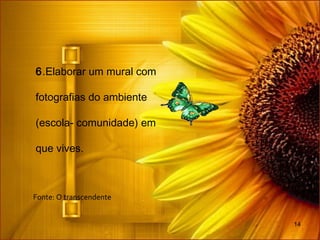 14
6.Elaborar um mural com
fotografias do ambiente
(escola- comunidade) em
que vives.
Fonte: O transcendente
 