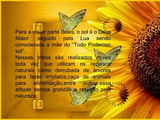 Para a maior parte deles, o sol é o Deus
Maior ,seguido pela Lua sendo
considerada a mãe do “Todo Poderoso
sol”.
Nessas tribos são realizados rituais
toda vez que utilizam os recursos
naturais como derrubada de árvores
para fazer artefatos,caça de animais
para alimentação,entre outros.essa
atitude denota gratidão e respeito pela
natureza.
2
 