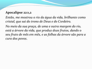 Apocalipse 22:1,2
Então, me mostrou o rio da água da vida, brilhante como
cristal, que sai do trono de Deus e do Cordeiro.
No meio da sua praça, de uma e outra margem do rio,
está a árvore da vida, que produz doze frutos, dando o
seu fruto de mês em mês, e as folhas da árvore são para a
cura dos povos.
 