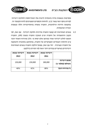 מסוימות ובאמות מידה פיננסיות לרבות אלו המתייחסות לחלוקת דיבידנד. 
לפירוט נוסף ראה באור 21 ב. לדוחות הכספיים המצורפים לדוח תקופתי זה. 
בתקופת הדיווח הרלוונטית, החברה עומדת בהתחייבויות הללו ובאמות 
המידה הפיננסיות. 
4.5 בשנים האחרונות לא קבעה החברה מדיניות חלוקת דיבידנד. עם זאת, לפי 
תקנון ההתאגדות של החברה וע"פ תשקיף החברה משנת 1992 , החברה 
תשאף לחלק דיבידנד שנתי במזומן שלא יפחת מ- 15% מהרווח השנתי הנקי 
ע"פ הדוחות השנתיים המבוקרים של החברה, בהתחשב בתוכנית ההשקעה 
של החברה ובצרכיה. יחד עם זאת, בפועל חילקה החברה בשנים האחרונות 
דיבידנדים בשיעורים גבוהים יותר וזאת לפי הפירוט כדלקמן: 
דיבידנד בשנת 
2011 
7 
דיבידנד בשנת 
2012 
דיבידנד בשנת 
2013 
סכום דיבידנד 
ששולם (באלפי ₪) 
150,000 150,000 300,000 
40% 42% % מהרווח הנקי 88% 
 