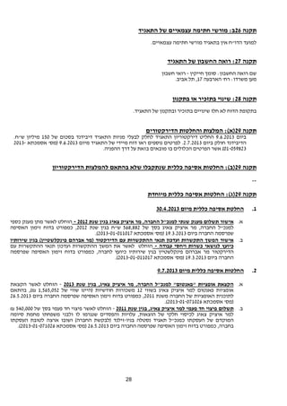 28 
תקנה 26 ב: מורשי חתימה עצמאיים של התאגיד 
למועד הדו"ח אין בתאגיד מורשי חתימה עצמאיים. 
תקנה 27 : רואה החשבון של התאגיד 
שם רואה החשבון: סומך חייקין - רואי חשבון 
מען משרדו: רח' הארבעה 17 , תל אביב. 
תקנה 28 : שינוי בתזכיר או בתקנון 
בתקופת הדוח לא חלו שינויים בתזכיר ובתקנון של התאגיד. 
תקנה 29 (א): המלצות והחלטות הדירקטורים 
ביום 9.6.2013 החליט דירקטוריון התאגיד לחלק לבעלי מניות התאגיד דיבידנד בסכום של 150 מיליון ש"ח. 
הדיבידנד חולק ביום 2.7.2013 . לפרטים נוספים ראו דוח מיידי של התאגיד מיום 9.6.2013 (מס' אסמכתא 2013- 
01-059823 ) אשר הפרטים הכלולים בו מובאים בזאת על דרך ההפניה. 
תקנה 29 (ב): החלטות אסיפה כללית שנתקבלו שלא בהתאם להמלצות הדירקטוריון 
-- 
תקנה 29 (ג): החלטות אסיפה כללית מיוחדת 
1. החלטת אסיפה כללית מיום 30.4.2013 
א. אישור תשלום מענק שנתי למנכ"ל החברה, מר איציק צאיג בגין שנת 2012 - הוחלט לאשר מתן מענק כספי 
למנכ"ל החברה, מר איציק צאיג בסך של 568,882 ש"ח בגין שנת 2012 , כמפורט בדוח זימון האסיפה 
.( שפרסמה החברה ביום 19.3.2013 (מס' אסמכתא 2013-01-011017 
ב. אישור המשך התקשרות ועדכון תנאי ההתקשרות עם הדירקטור (מר אברהם פינקלשטיין) בגין שירותיו 
כיועץ לנושאי כשרות ויחסי עבודה - הוחלט לאשר את המשך ההתקשרות ועדכון תנאי ההתקשרות עם 
הדירקטור מר אברהם פינקלשטיין בגין שירותיו כיועץ לחברה, כמפורט בדוח זימון האסיפה שפרסמה 
.( החברה ביום 19.3.2013 (מס' אסמכתא 2013-01-011017 
2. החלטות אסיפה כללית מיום 9.7.2013 
א. הקצאת אופציות "פאנטום" למנכ"ל החברה, מר איציק צאיג, בגין שנת 2013 - הוחלט לאשר הקצאת 
אופציות פאנטום למר איציק צאיג בשווי 12 משכורות חודשיות (היינו שווי של 1,565,052 ₪), בהתאם 
לתוכנית האופציות של החברה משנת 2011 , כמפורט בדוח זימון האסיפה שפרסמה החברה ביום 26.5.2013 
.( (מס' אסמכתא 2013-01-071026 
₪ ב. תשלום פיצוי חד פעמי למר איציק צאיג, בגין שנת 2011 - הוחלט לאשר פיצוי חד פעמי בסך של 540,000 
למר איציק צאיג לכיסוי חלקי של הוצאות, עלויות והפסדים שנגרמו לו ולבני משפחתו מחמת סיומה 
המוקדם של העסקתו כמנכ"ל תאגיד נסטלה בניו- זילנד (לבקשת החברה) ושובו ארצה לטובת העסקתו 
.( בחברה, כמפורט בדוח זימון האסיפה שפרסמה החברה ביום 26.5.2013 (מס' אסמכתא 2013-01-071026 
 