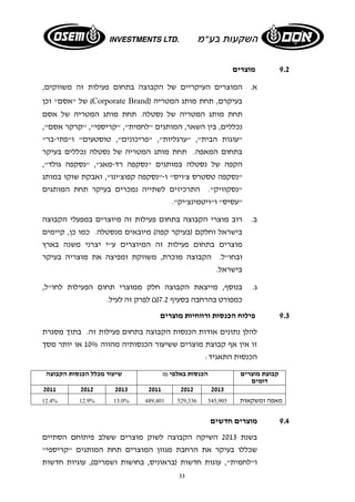 33 
9.2 מוצרים 
א. המוצרים העיקריים של הקבוצה בתחום פעילות זה משווקים, 
של "אסם" וכן (Corporate Brand) בעיקרם, תחת מותג המטריה 
תחת מותג המטריה של נסטלה. תחת מותג המטריה של אסם 
נכללים, בין השאר, המותגים "לחמית", "קריספי", "קרקר אסם", 
"עוגות הבית", "ערגליות", "פריכונים", טוסטעים" ו"פתי-בר" 
בתחום המאפה. תחת מותג המטריה של נסטלה נכללים בעיקר 
הקפה של נסטלה במותגים "נסקפה רד-מאג", "נסקפה גולד", 
"נסקפה טסטרס צ'ויס" ו- "נסקפה קפוצ'ינו", ואבקת שוקו במותג 
"נסקוויק". התרכיזים לשתייה נמכרים בעיקר תחת המותגים 
"עסיס" ו"ויטמינצ'יק". 
ב. רוב מוצרי הקבוצה בתחום פעילות זה מיוצרים במפעלי הקבוצה 
בישראל וחלקם (בעיקר קפה) מיובאים מנסטלה. כמו כן, קיימים 
מוצרים בתחום פעילות זה המיוצרים ע"י יצרני משנה בארץ 
ובחו"ל. הקבוצה מוכרת, משווקת ומפיצה את מוצריה בעיקר 
בישראל. 
ג. בנוסף, מייצאת הקבוצה חלק ממוצרי תחום הפעילות לחו"ל, 
כמפורט בהרחבה בסעיף 7.2 (ג) לפרק זה לעיל. 
9.3 פילוח הכנסות ורווחיות מוצרים 
להלן נתונים אודות הכנסות הקבוצה בתחום פעילות זה. בתוך מסגרת 
זו אין אף קבוצת מוצרים ששיעור הכנסותיה מהווה 10% או יותר מסך 
הכנסות התאגיד: 
קבוצת מוצרים 
דומים 
הכנסות באלפי ₪ שיעור מכלל הכנסות הקבוצה 
2011 2012 2013 2011 2012 2013 
מאפה ומשקאות 12.4% 12.9% 13.0% 489,401 529,336 545,905 
9.4 מוצרים חדשים 
בשנת 2013 השיקה הקבוצה לשוק מוצרים ששלב פיתוחם הסתיים 
שכללו בעיקר את הרחבת מגוון המוצרים תחת המותגים "קריספי" 
ו"לחמית", עוגות חדשות (בראוניס, בחושות ושמרים), עוגיות חדשות 
 