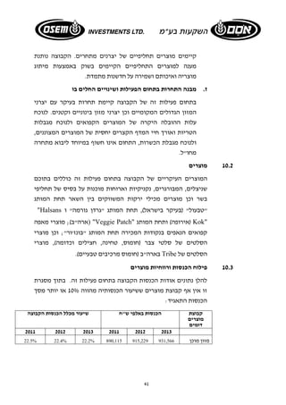 קיימים מוצרים תחליפיים של יצרנים מתחרים. הקבוצה נותנת 
מענה למוצרים התחליפיים הקיימים בשוק באמצעות מיתוג 
מוצריה ואיכותם ושמירה על חדשנות מתמדת. 
ז. מבנה התחרות בתחום הפעילות ושינויים החלים בו 
בתחום פעילות זה של הקבוצה קיימת תחרות בעיקר עם יצרני 
המזון הגדולים המקומיים וכן יצרני מזון בינוניים וקטנים. לנוכח 
עלות ההובלה היקרה של המוצרים הקפואים ולנוכח מגבלות 
הטריות ואורך חיי המדף הקצרים יחסית של המוצרים המצוננים, 
ולנוכח מגבלת הכשרות, התחום אינו חשוף במיוחד ליבוא מתחרה 
מחו"ל. 
41 
10.2 מוצרים 
המוצרים העיקריים של הקבוצה בתחום פעילות זה כוללים בתוכם 
שניצלים, המבורגרים, נקניקיות וארוחות מוכנות על בסיס של תחליפי 
בשר וכן מוצרים מכילי ירקות המשווקים בין השאר תחת המותג 
"Halsans "טבעול" (בעיקר בישראל), תחת המותג "גרדן גורמה" ו 
ארה"ב); מוצרי מאפה ) "Veggie Patch" אירופה) ותחת המותג ) Kok" 
קפואים הנאפים בנקודות המכירה תחת המותג "בונז'ור"; וכן מוצרי 
הסלטים של סלטי צבר (חומוס, טחינה, חצילים וכדומה), מוצרי 
בארה"ב (חומוס מרכיבים טבעיים). Tribe הסלטים של 
10.3 פילוח הכנסות ורווחיות מוצרים 
להלן נתונים אודות הכנסות הקבוצה בתחום פעילות זה. בתוך מסגרת 
זו אין אף קבוצת מוצרים ששיעור הכנסותיה מהווה 10% או יותר מסך 
הכנסות התאגיד: 
קבוצת 
מוצרים 
דומים 
הכנסות באלפי ש"ח שיעור מכלל הכנסות הקבוצה 
2011 2012 2013 2011 2012 2013 
מזון מוכן 22.5% 22.4% 22.2% 890,115 915,229 931,566 
 