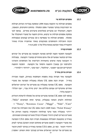 57 
12.2 אסמים חבילות שי 
אסמים חבילות שי הוקמה בשנת 1999 ועוסקת באריזה ושיווק חבילות 
שי המורכבות בעיקר ממוצרי אסם ונסטלה בתחום החטיפים, המאפה, 
הקפה, השוקולד וכן מוצרים משלימים מיצרנים אחרים. בנוסף לכך 
עוסקת אסמים חבילות שי ביבוא, שיווק והפצה של מוצרי השוקולד של 
נסטלה. אסמים חבילות שי מעסיקה כ 30- עובדים קבועים כשפעילות 
הכנת החבילות והמחסנים ממוקמים באתר שהחברה שכרה באזור 
התעשייה באור- עקיבא בשטח כולל של כ- 4,650 מ"ר. 
12.3 תוצרת קנויה 
לקבוצה הסכמי הפצה לפיהם מפיצה הקבוצה גם מוצרים של יצרנים 
אחרים ובתנאי שמוצרים אלו אינם מתחרים במוצרי הקבוצה. בפעילות 
זו הקבוצה עושה שימוש בתשתיות הקיימות של המחסנים והמרכז 
הלוגיסטי וכן במערך ההפצה והסחר של הקבוצה. הסכמי ההפצה 
העיקריים הם עם "תפוגן", "מילוטל", "עוף טוב", "דורות" ו"לנדוור". 
12.4 חברות שיווק בחו"ל 
לקבוצה שתי חברות בנות נוספות העוסקות בשיווק, הפצה ומכירה 
פועלת באנגליה ומפיצה את מוצרי UK בחו"ל. חברת הבת אסם 
מפיצה באנגליה גם מוצרים של יצרנים ישראלים UK הקבוצה. אסם 
אחרים שהעיקריים שבהם כוללים את "טיב טירת צבי", "עוף הגליל" 
ו"תנובה גליל". 
מפיצה מוצרים שונים של נסטלה לרשתות השיווק UK בנוסף לכך אסם 
,"Milo" הגדולות ולשוק האתני באנגליה, בעיקר תחת המותגים 
ו- "Thomy", "Rowntrees Cocoa" ,"Maggi" , "Nido" ,"Caro" 
את הפעילות של חברת UK בשנת 2009 רכשה אסם ."Polish Winiary" 
"ירדן" באנגליה אשר עיקר פעילותה התמקדה בהפצה ושיווק של 
מוצרים כשרים לשוק היהודי באנגליה (כולל מוצרים קפואים ומצוננים). 
המפיצה USA בארה"ב מתבצעת הפעילות באמצעות חברת הבת אסם 
את מוצרי הקבוצה ( למעט מוצרים מתחום המזון המוכן) בעיקר לשוק 
מפיצה בארה"ב בעיקר לשוק הכשר USA היהודי הכשר. כמו כן, אסם 
גם מוצרים של יצרנים ישראלים אחרים (בעיקר תחת המותג "אסם") 
 