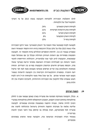 להלן התפלגות המכירות ללקוחות הקבוצה בשנת 2013 על פי השיוך 
הסקטוריאלי של הלקוחות: 
לקוחות השוק המאורגן 24% 
לקוחות שוק הרשתות הפרטיות 21% 
לקוחות השוק הפרטי 32% 
לקוחות השוק המקצועי 8% 
לקוחות בחו"ל 15% 
לקבוצה לקוח קמעונאי אחד הנמנה על "השוק המאורגן" אשר היקף המכירות 
אליו בשנת 2013 עלה על 10% מכלל ההכנסות בדוח רווח והפסד המאוחד וזאת 
כמפורט בבאור 23 א. 3. לדוחות הכספיים הכלולים בדוח תקופתי זה. לקבוצה 
הסכמות מסחריות עם רשתות השיווק הגדולות ובכלל כך עם שופרסל ומגה 
קמעונאות, הנקבעות לרוב לגבי שנה קלנדארית, והכוללות התייחסות לתנאי 
המכר והנחות וכן לפעילויות המכירה השוטפת בסניפי הרשת (בעיקר שטחי 
מדף, הכנסת מוצרים חדשים וכדומה) הנקבעות במו"מ בין הצדדים. הנחות 
משתנות ותשלומים בגין קד"מ ופרסום משותף נקבעים מעת לעת לפי שיקול 
דעת החברה. במסגרת ההתקשרויות הקיימות בין הקבוצה לרשתות כאמור 
נקבעו תנאי אשראי שונים. על אף שכל אחד משני הלקוחות הנ"ל הינו לקוח 
חשוב שאבדנו עלול להקטין את המכירות והרווחיות, להערכת החברה אין לה 
תלות בהם. 
60 
14 . הפצה ושיווק 
א. ככלל, הקבוצה משווקת ומפיצה את מוצריה בארץ באופן עצמאי אם כי לחלק 
מהלקוחות בתחום המזון הקפוא, המצונן והאימפלס ולחלק מהלקוחות במוצרי 
המזון לחיות מחמד, נעשית ההפצה באמצעות מפיצים עצמאיים. לקבוצה 
שליטה מלאה על מערכות ההפצה והשיווק בישראל וביכולתה להפיץ את 
מוצריה לכל סופרמרקט, חנות מכולת או קיוסק בכל רחבי הארץ לרבות 
בפריפריה. 
בשטחי הגדה המערבית וברצועת עזה, הקבוצה עושה שימוש במפיצים 
מקומיים. 
 