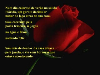 Num dia caloroso de verão no sul da
Flórida, um garoto decidiu ir
nadar no lago atrás de sua casa.
Saiu correndo pela
porta traseira, se jogou
na água e ficou
nadando feliz.


Sua mãe de dentro da casa olhava
pela janela, e viu com horror o que
estava acontecendo.
 