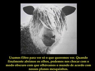 Usamos filtro para ver só o que queremos ver. Quando
 finalmente abrimos os olhos, podemos nos chocar com o
modo obscuro com que olhávamos o mundo de acordo com
               nossos planos mesquinhos.
 