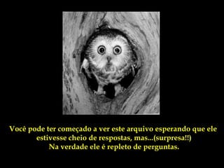 Você pode ter começado a ver este arquivo esperando que ele
       estivesse cheio de respostas, mas...(surpresa!!)
           Na verdade ele é repleto de perguntas.
 