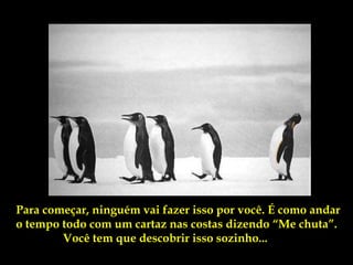 Para começar, ninguém vai fazer isso por você. É como andar
o tempo todo com um cartaz nas costas dizendo “Me chuta”.
        Você tem que descobrir isso sozinho...
 
