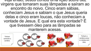Veja então, Jesus contou uma lição sobre dez
virgens que tomaram suas lâmpadas e saíram ao
      encontro do noivo. Cinco eram sábias,
 conheciam Jesus e sabiam o que Jesus queria
   delas e cinco eram loucas, não conheciam a
  vontade de Jesus. E qual era esta vontade? É
     que tivessem óleo para as lâmpadas se
                manterem acesas.
  Tinham                                   Tinham a
 somente a                              candeia acesa
  candeia.                              e a botija com
                                             óleo.
 