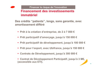 Financer le risque de l’innovation
    Financement des investissements
    immatériel
Des crédits ‘‘patients’’, longs, sans garantie, avec
amortissement différé

   Prêt à la création d’entreprise, de 2 à 7 000 €

   Prêt participatif d’amorçage, jusqu’à 150 000 €

   Prêt participatif de développement, jusqu’à 100 000 €

   Prêt pour l’export, avec Ubifrance, jusqu’à 150 000 €

   Contrats de Développement, jusqu’à 300 000 €

   Contrat de Développement Participatif, jusqu’à 3 M€,
 (accessible aux ETI).
                                                           30
 