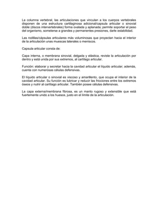 La columna vertebral, las articulaciones que vinculan a los cuerpos vertebrales
disponen de una estructura cartilaginosa adicional/capsula articular o sinovial
doble (discos intervertebrales) forma ovalada y aplanada; permite soportar el peso
del organismo, someterse a grandes y permanentes presiones, darle estabilidad.
Las rodillas/cápsulas articulares más voluminosas que proyectan hacia el interior
de la articulación unas muescas laterales o meniscos.
Capsula articular consta de:
Capa interna, o membrana sinovial, delgada y elástica, reviste la articulación por
dentro y está unida por sus extremos, al cartílago articular.
Función: elaborar y secretar hacia la cavidad articular el líquido articular; además,
cuenta con numerosas células defensivas.
El líquido articular o sinovial es viscoso y amarillento, que ocupa el interior de la
cavidad articular. Su función es lubricar y reducir las fricciones entre los extremos
óseos y nutrir al cartílago articular. También posee células defensivas.
La capa externa/membrana fibrosa, es un manto rugoso y extensible que está
fuertemente unido a los huesos, justo en el límite de la articulación.
 