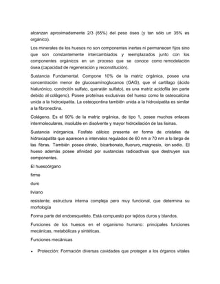 alcanzan aproximadamente 2/3 (65%) del peso óseo (y tan sólo un 35% es
orgánico).
Los minerales de los huesos no son componentes inertes ni permanecen fijos sino
que son constantemente intercambiados y reemplazados junto con los
componentes orgánicos en un proceso que se conoce como remodelación
ósea.(capacidad de regeneración y reconstitución).
Sustancia Fundamental. Compone 10% de la matriz orgánica, posee una
concentración menor de glucosaminoglucanos (GAG), que el cartílago (ácido
hialurónico, condroitín sulfato, queratán sulfato), es una matriz acidofila (en parte
debido al colágeno). Posee proteínas exclusivas del hueso como la osteocalcina
unida a la hidroxipatita. La osteopontina también unida a la hidroxipatita es similar
a la fibronectina.
Colágeno. Es el 90% de la matriz orgánica, de tipo 1, posee muchos enlaces
intermoleculares, insoluble en disolvente y mayor hidroxilación de las lisinas.
Sustancia inórganica. Fosfato cálcico presente en forma de cristales de
hidroxiapatita que aparecen a intervalos regulados de 60 nm a 70 nm a lo largo de
las fibras. También posee citrato, bicarbonato, fluoruro, magnesio, ion sodio. El
hueso además posee afinidad por sustancias radioactivas que destruyen sus
componentes.
El huesoórgano
firme
duro
liviano
resistente; estructura interna compleja pero muy funcional, que determina su
morfología
Forma parte del endoesqueleto. Está compuesto por tejidos duros y blandos.
Funciones de los huesos en el organismo humano: principales funciones
mecánicas, metabólicas y sintéticas.
Funciones mecánicas
Protección: Formación diversas cavidades que protegen a los órganos vitales
 