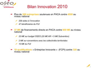 Bilan Innovation  2010 Plus de   300 entreprises  soutenues en PACA   contre  4500  au niveau national 259 aides à l’innovation 47 bénéficiaires du FUI 37 M€  de financements directs en PACA contre  600 M€  au niveau national 25 M€ sur budget OSEO (20 M€ AR + 5 M€ Subvention) 2 M€ sur conventions avec les collectivités territoriales 10 M€ du FUI 19 qualifications  « Entreprise Innovante »  (FCPI) contre  320   au niveau national 