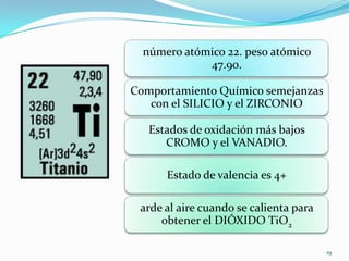 número atómico 22. peso atómico
             47.90.

Comportamiento Químico semejanzas
   con el SILICIO y el ZIRCONIO

   Estados de oxidación más bajos
      CROMO y el VANADIO.

      Estado de valencia es 4+

 arde al aire cuando se calienta para
     obtener el DIÓXIDO TiO2

                                        19
 