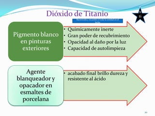 r
                                                                          u
          Dióxido de Titanio                                              ti
                         Bactericida y recambio d toda la entidad en el
                                            lecho                          l
                                                                          o
                  •   Quimicamente inerte
Pigmento blanco   •   Gran poder de recubrimiento
   en pinturas    •   Opacidad al daño por la luz
    exteriores    •   Capacidad de autolimpieza



    Agente        • acabado final brillo dureza y
 blanqueador y      resistente al ácido
  opacador en
  esmaltes de
   porcelana
                                                                               20
 