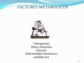 FACTORES METABOLICOS




         Osteoporosis
       Dieta y Nutrición
           Ejercicio
   Enfermedades Sistemicas y
         perdida osea
                               50
 